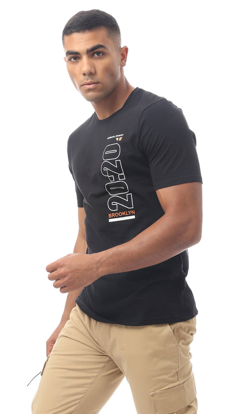 O170455 Printed Slip On Regular Fit Black Tee