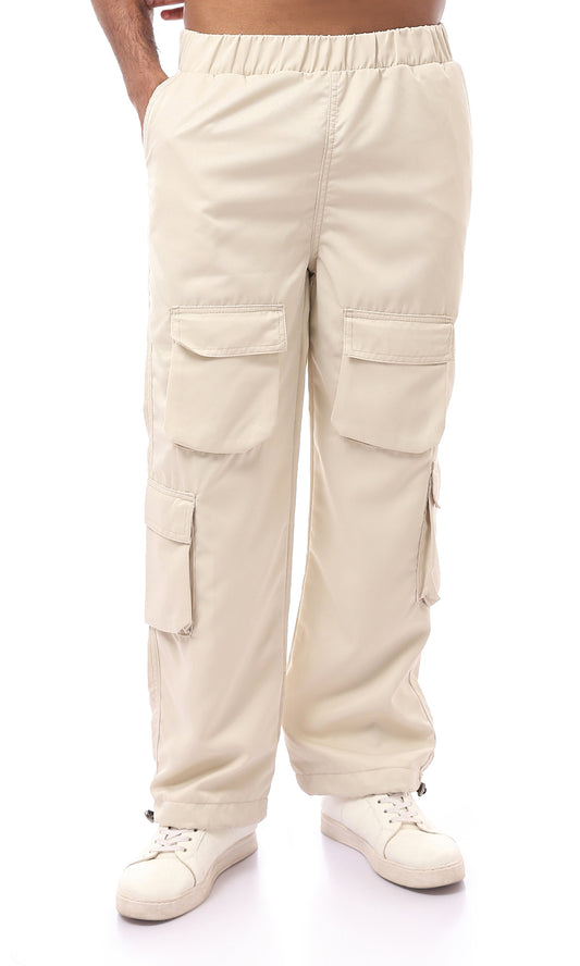 O170579 Elastic Waist Beige Solid Cargo Pants