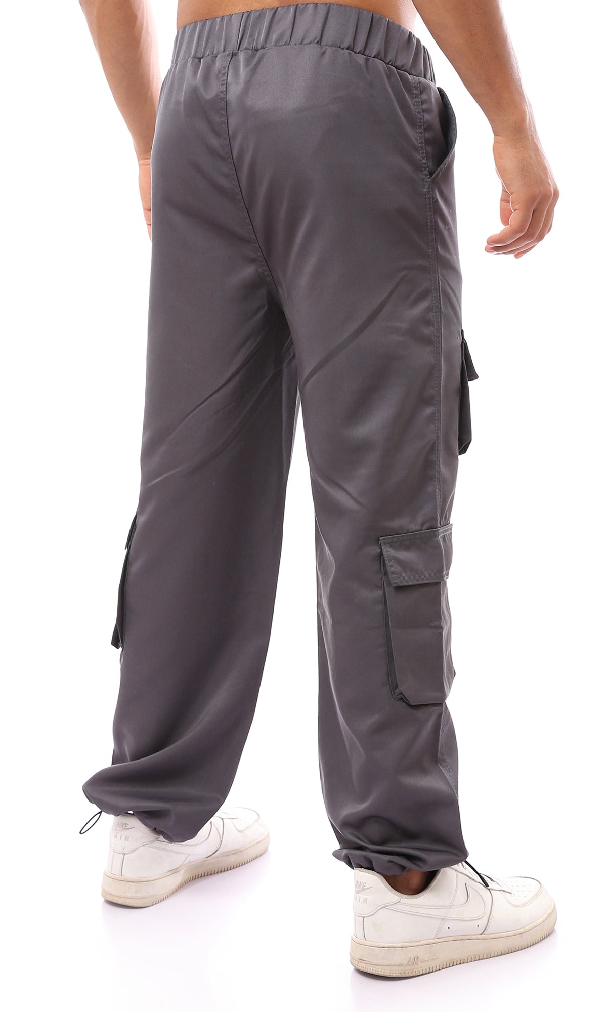 O170580 Elastic Waist Wide Leg Dark Grey Cargo Pants