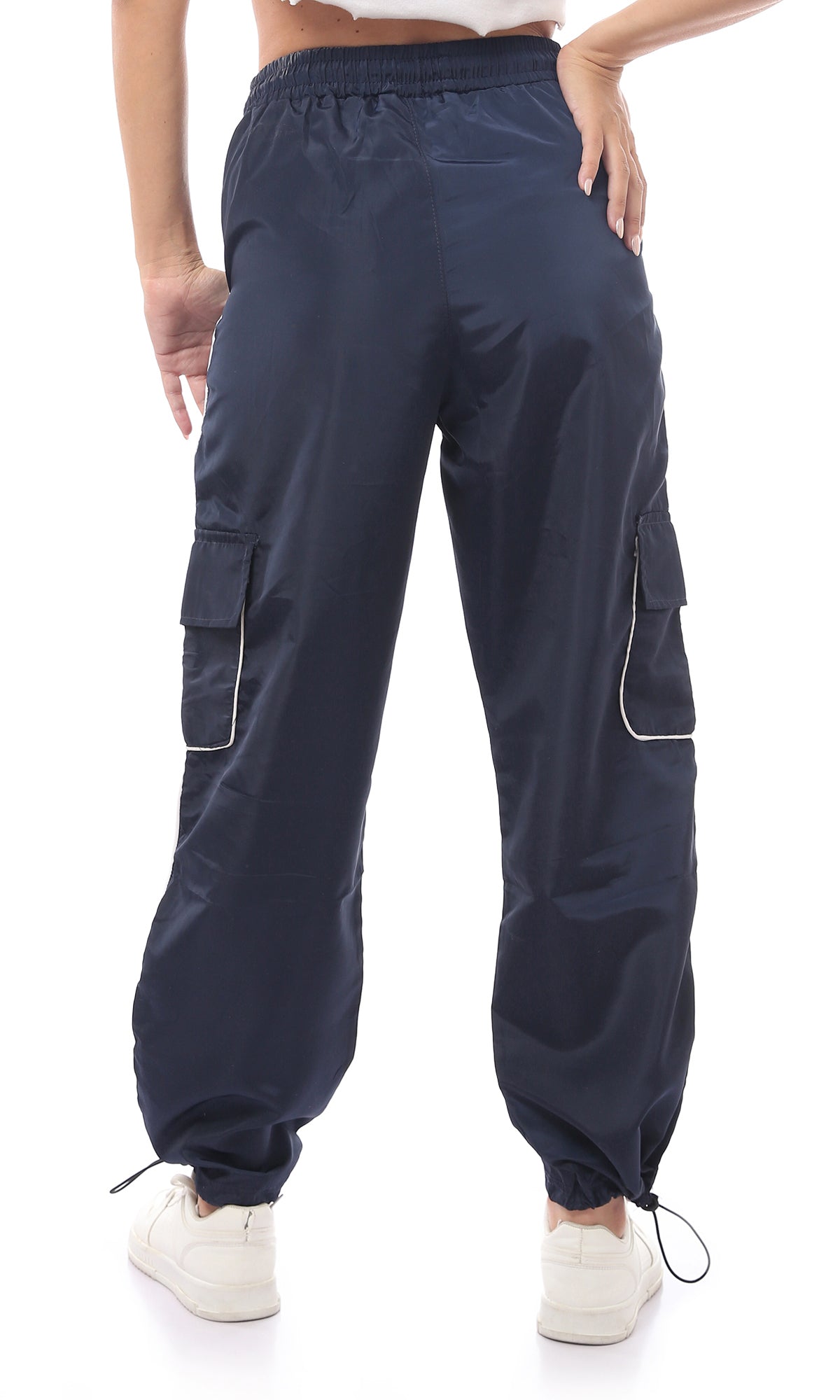 O170608 Slip On Navy Blue Cotton Trousers With Drawstrings