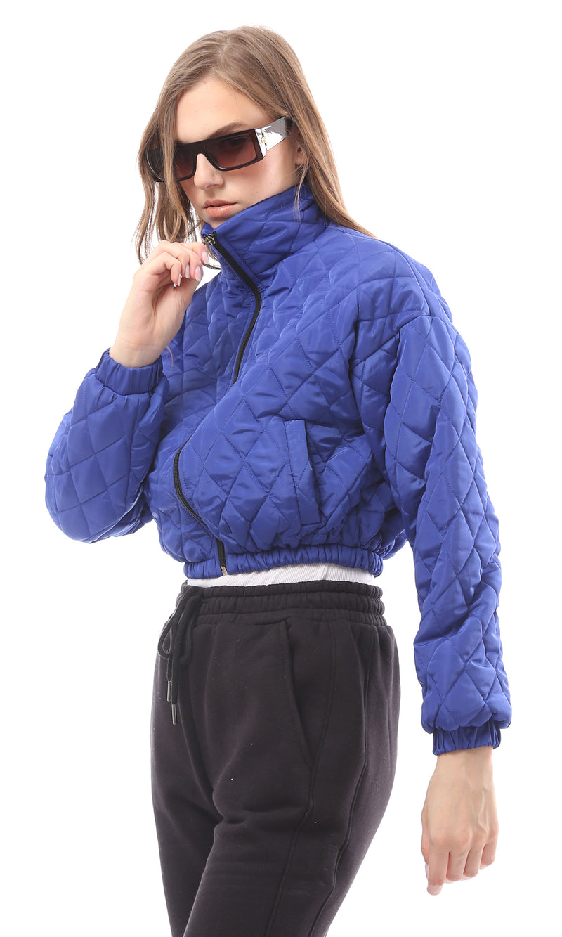 O170755 Long Sleeves Blue Quilted Cropped Jacket