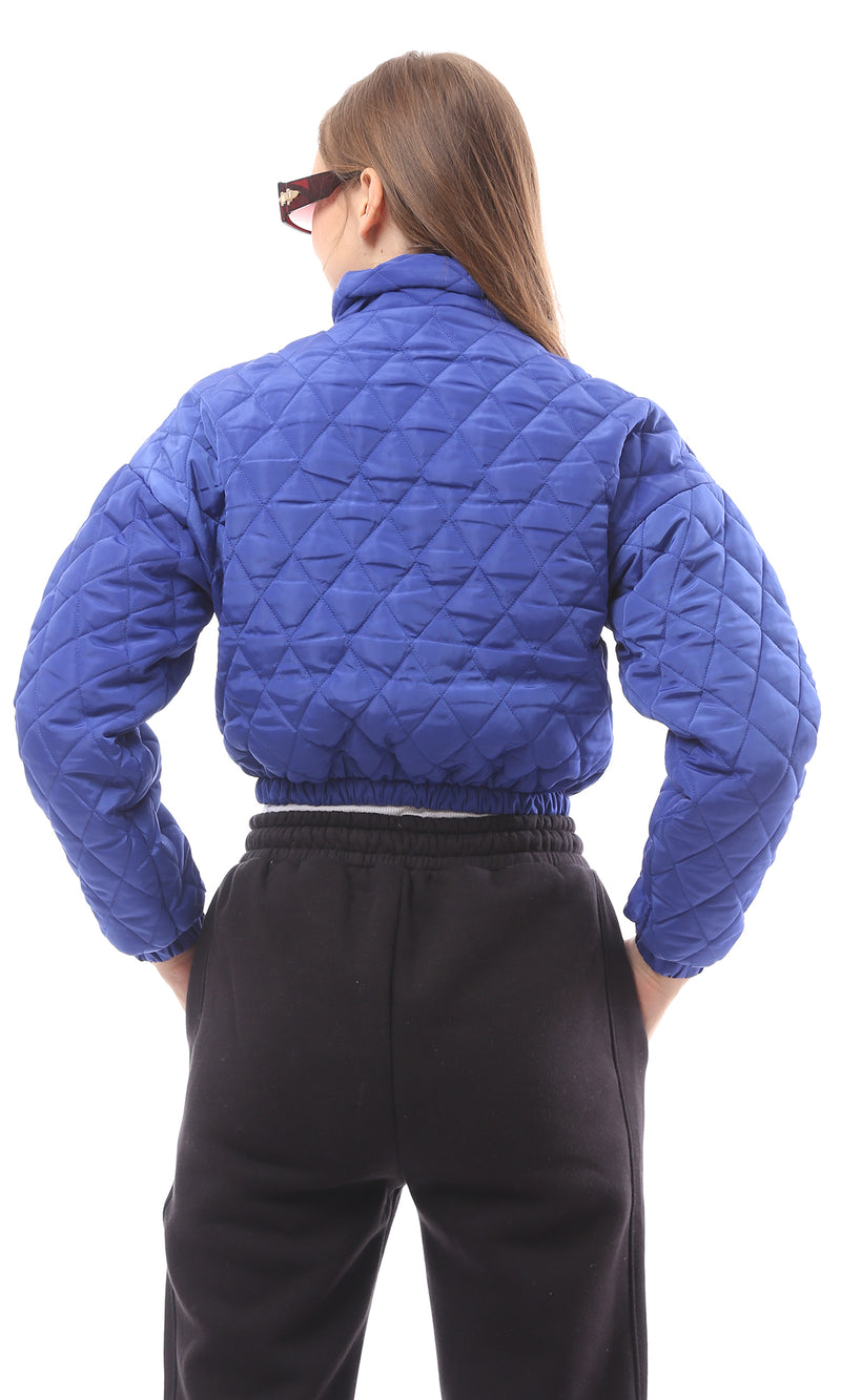 O170755 Long Sleeves Blue Quilted Cropped Jacket