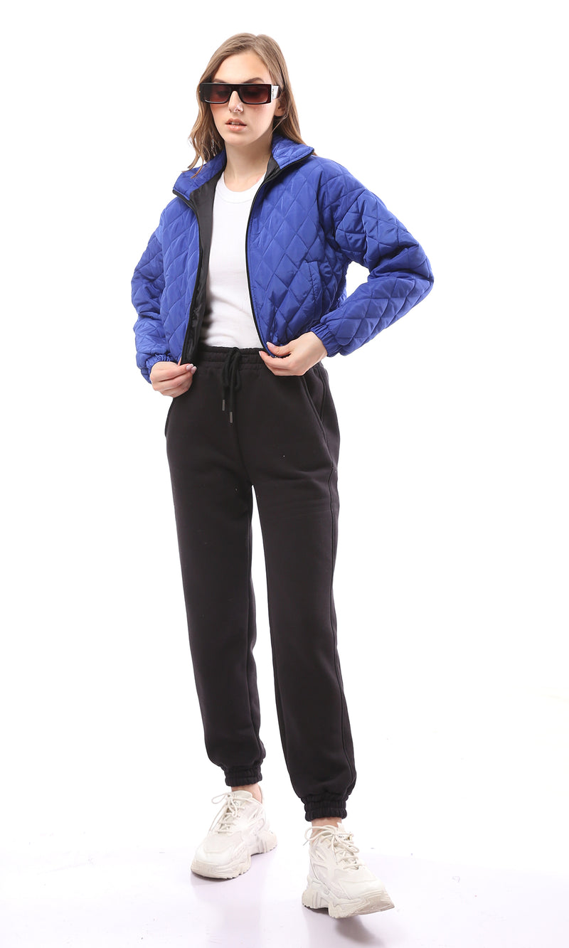 O170755 Long Sleeves Blue Quilted Cropped Jacket