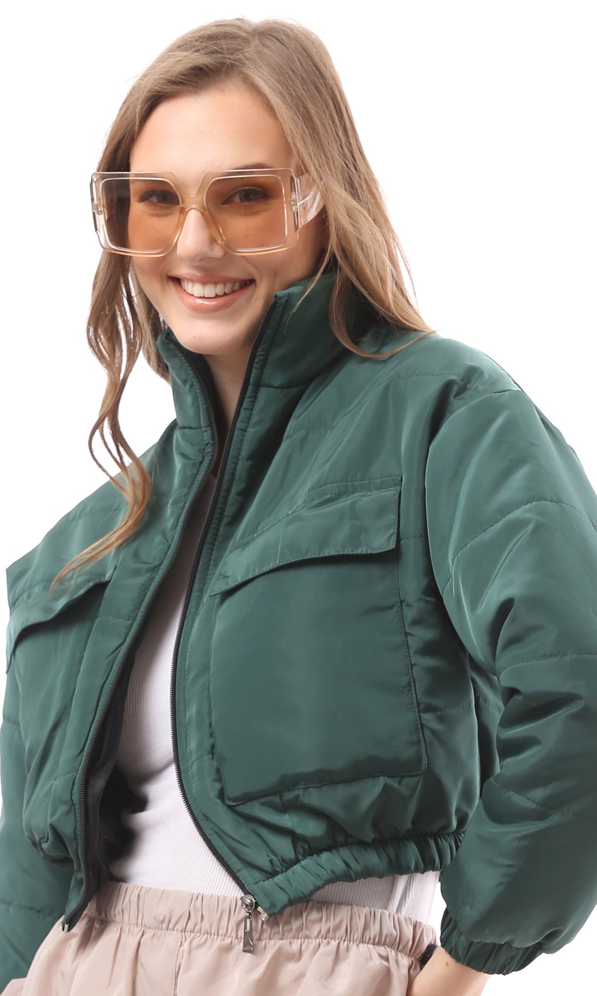 O170759 Forest Green Puffer Jacket With Front Pockets