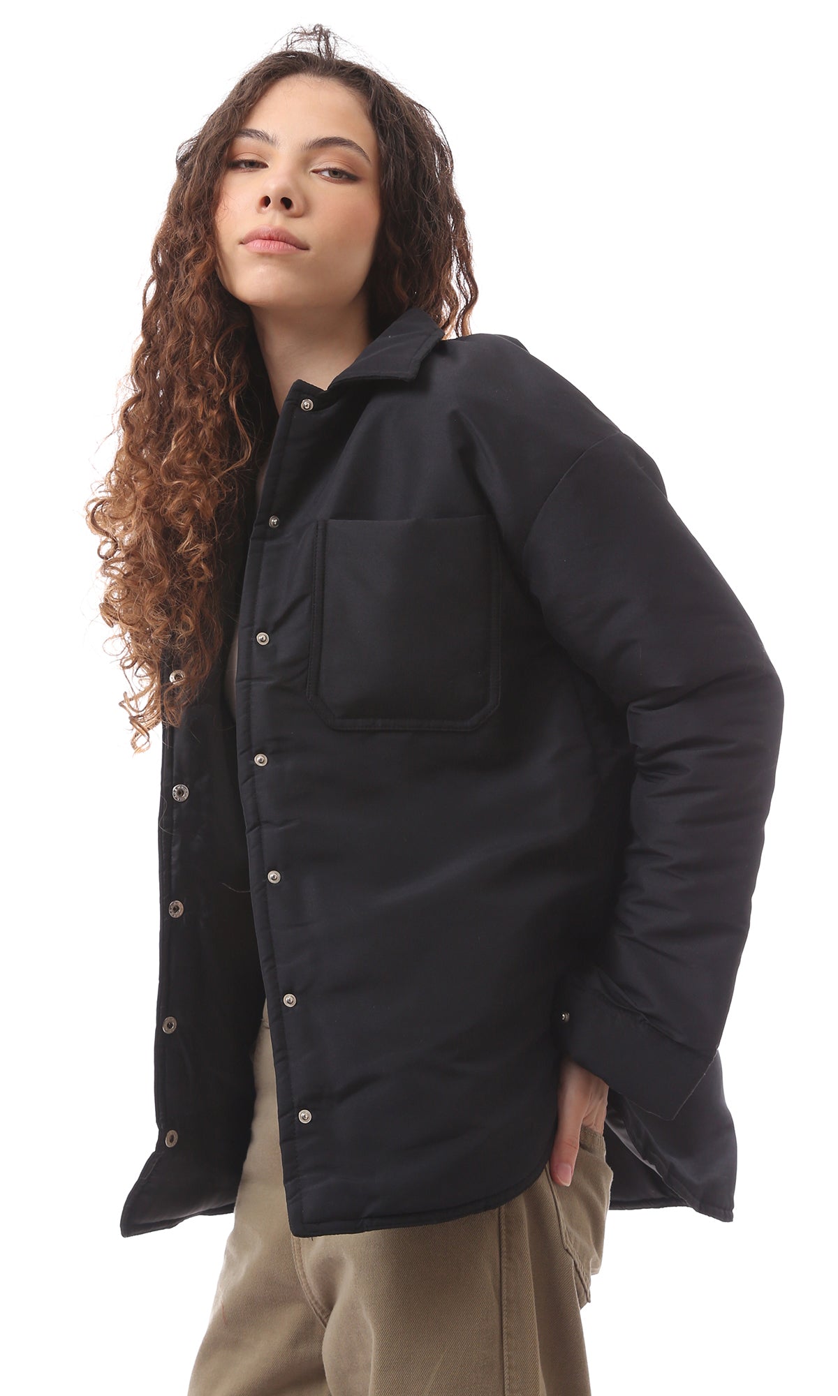 O170781 Black Polyester Buttoned Winter Jacket