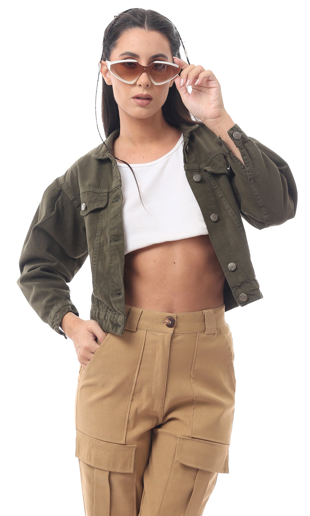 Khaki Green Buttoned Waist-Length Fancy Jacket - O170804