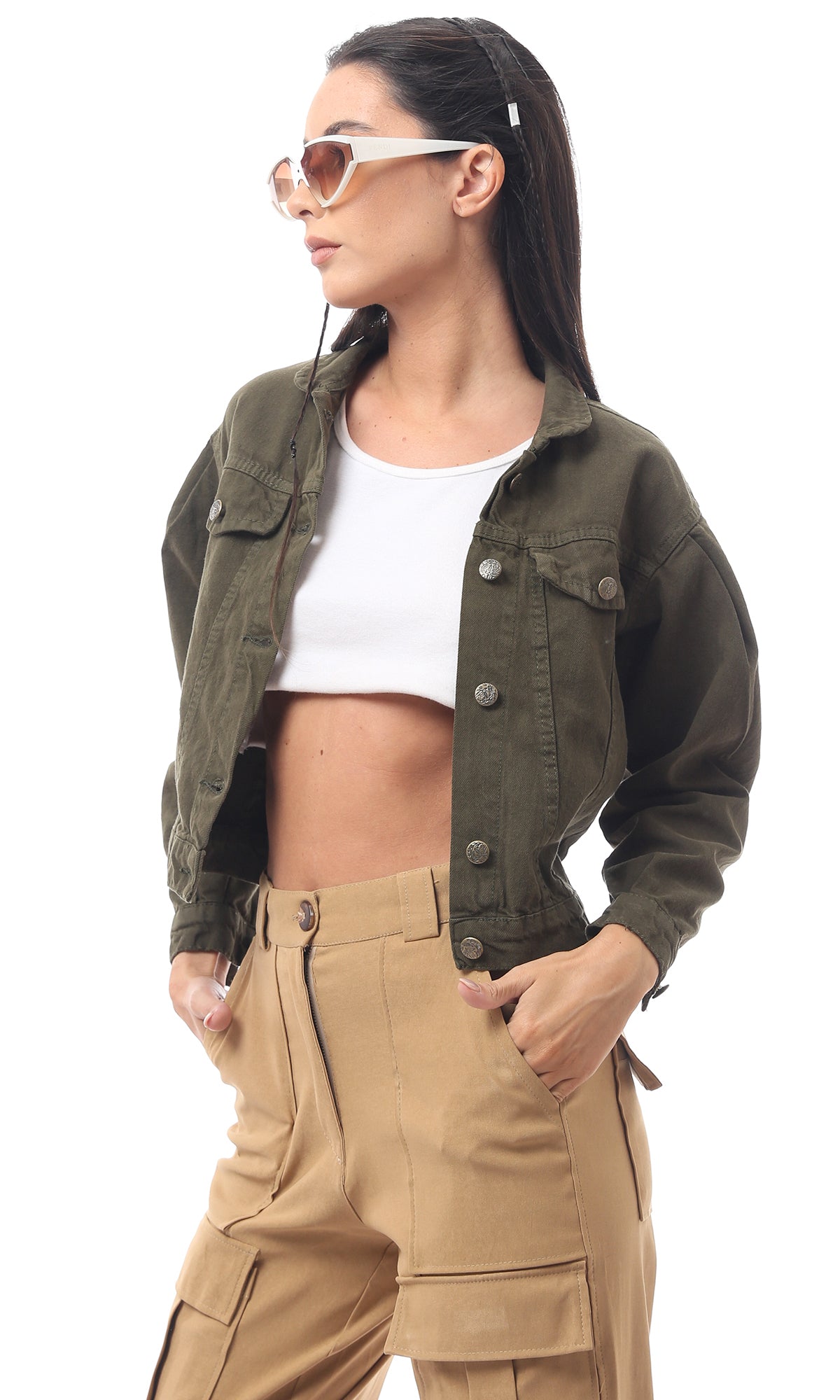 Khaki Green Buttoned Waist-Length Fancy Jacket - O170804