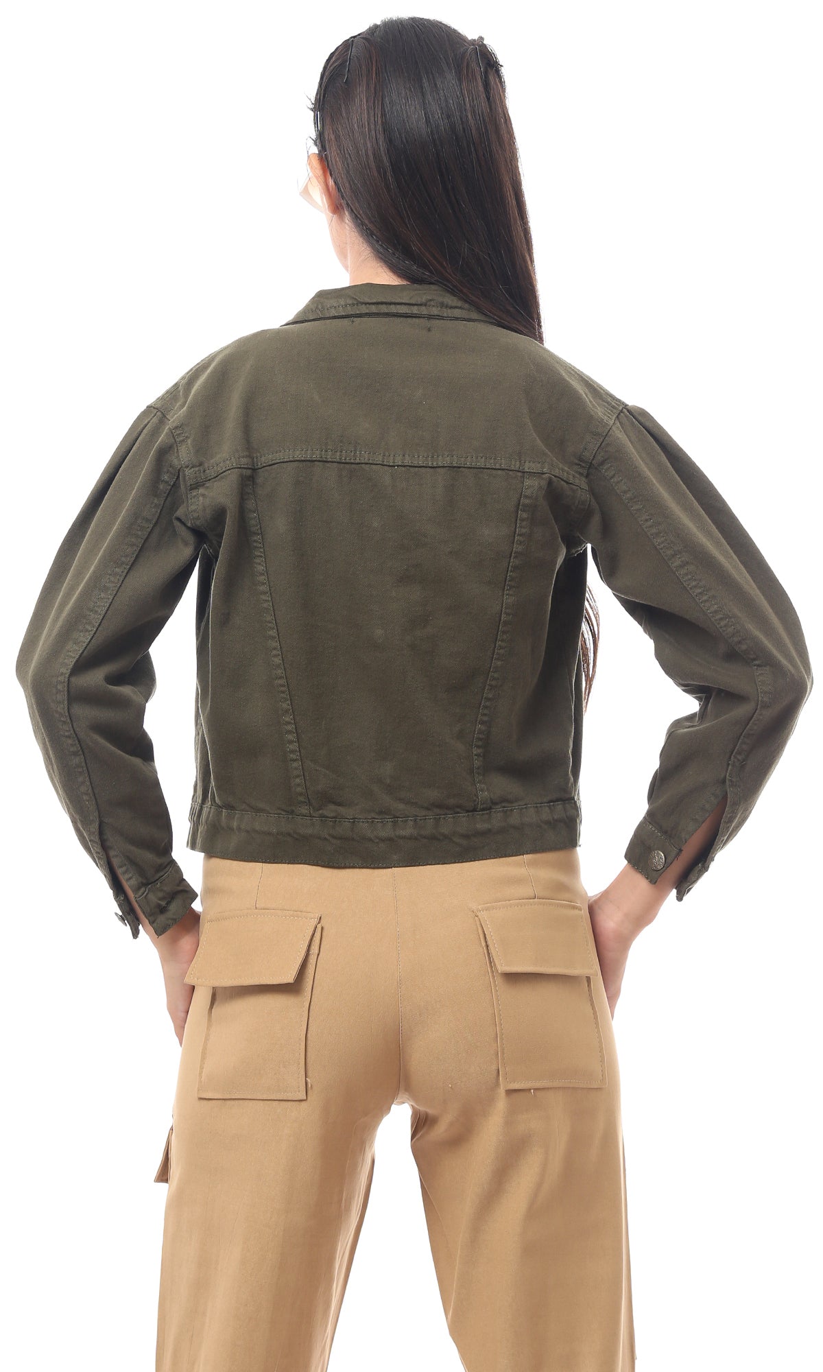 Khaki Green Buttoned Waist-Length Fancy Jacket - O170804