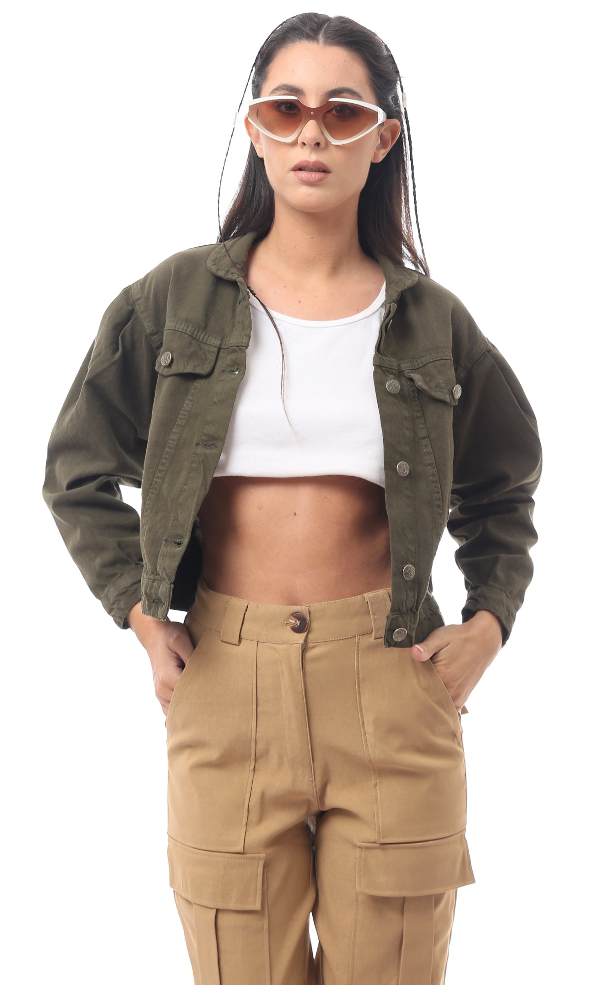 Khaki Green Buttoned Waist-Length Fancy Jacket - O170804