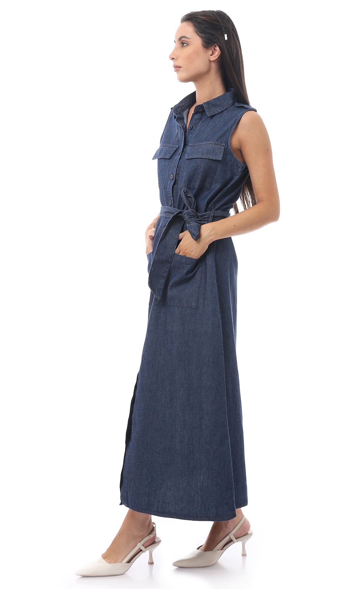O170882 Dark Blue Jeans Sleeveless Cotton Dress