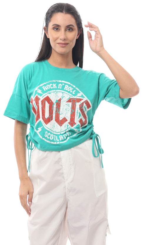 تيشيرت أخضر مطبوع بأكمام قصيرة سهل الارتداء