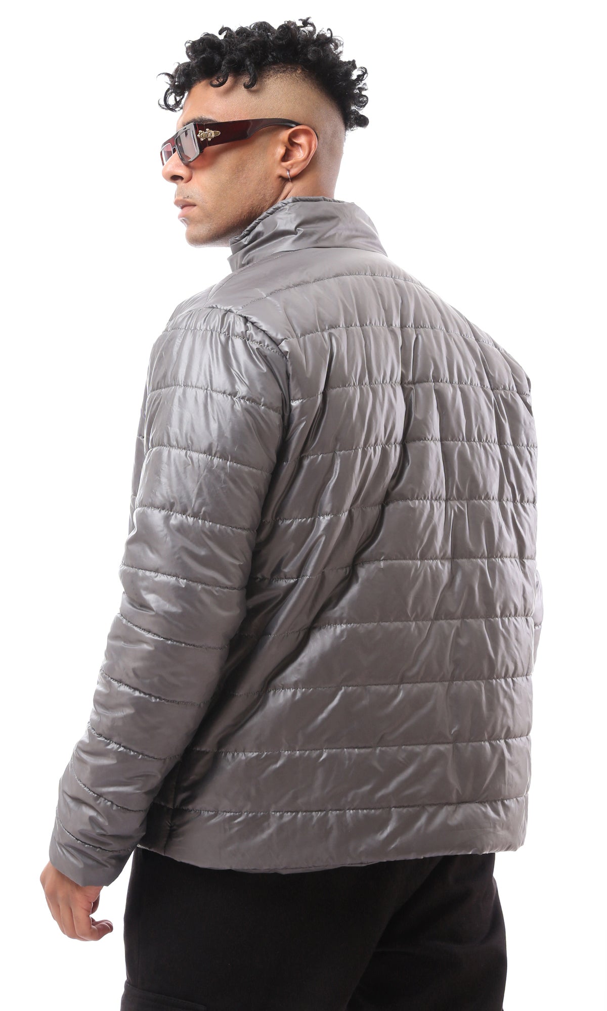 O171092 Dark Grey Polyester Fly Zipper Puffer Jacket