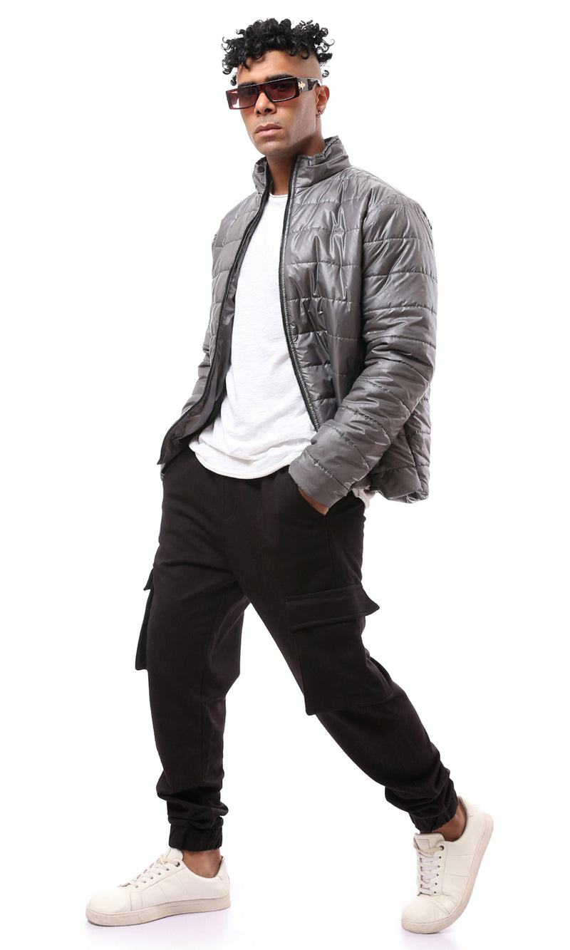 جاكيت منفوخ بسوستة من البوليستر باللون الرمادي الداكن