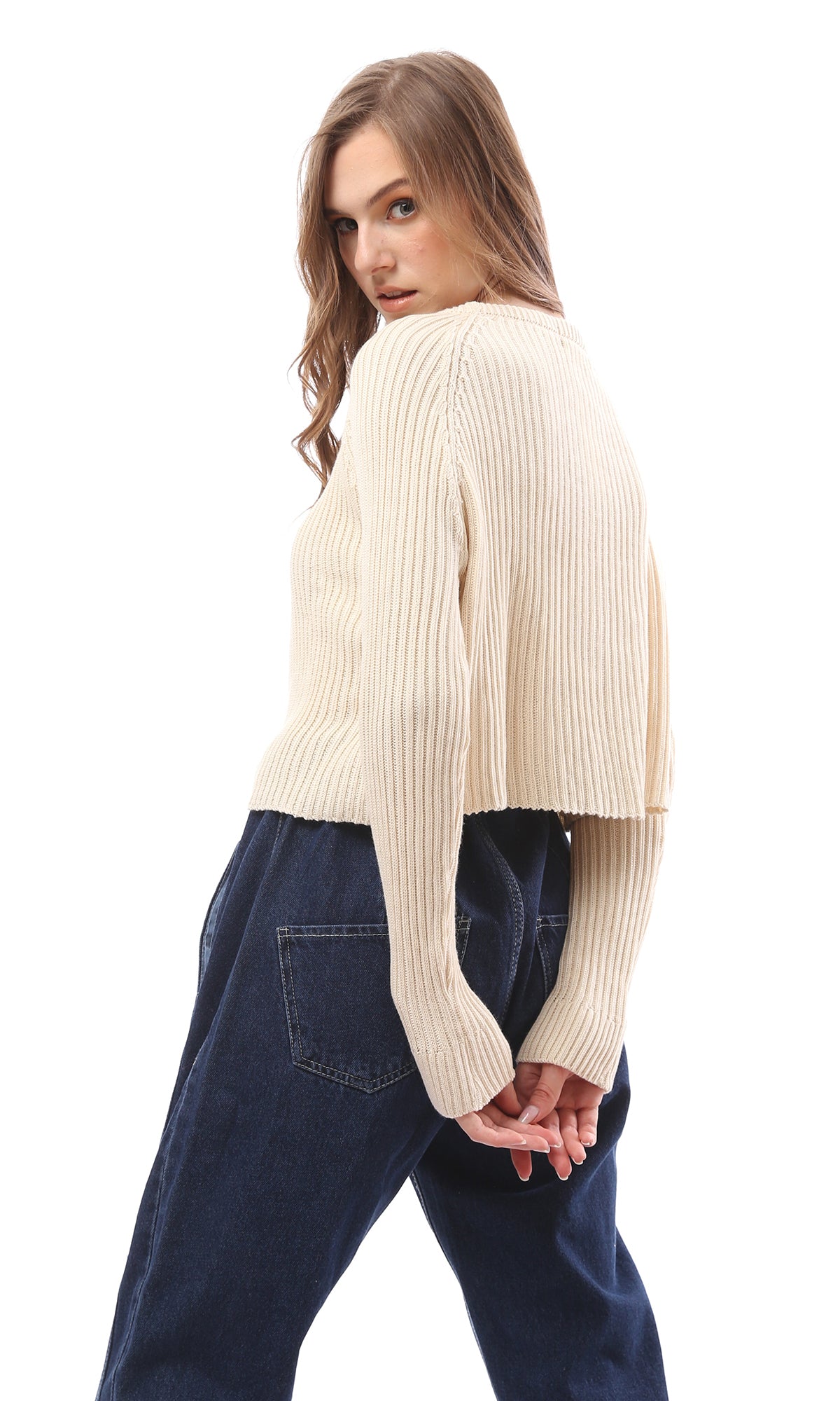 O171118 Wide Crew Neck Pastel Yellow Ribbed Pullover
