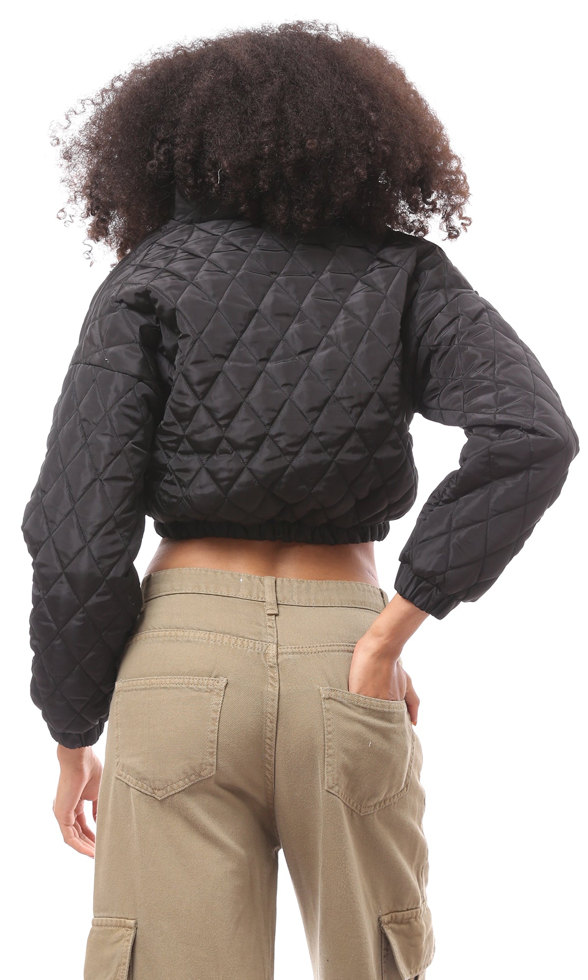O171121 Black Quilted Cropped Bomber Jacket With Hem