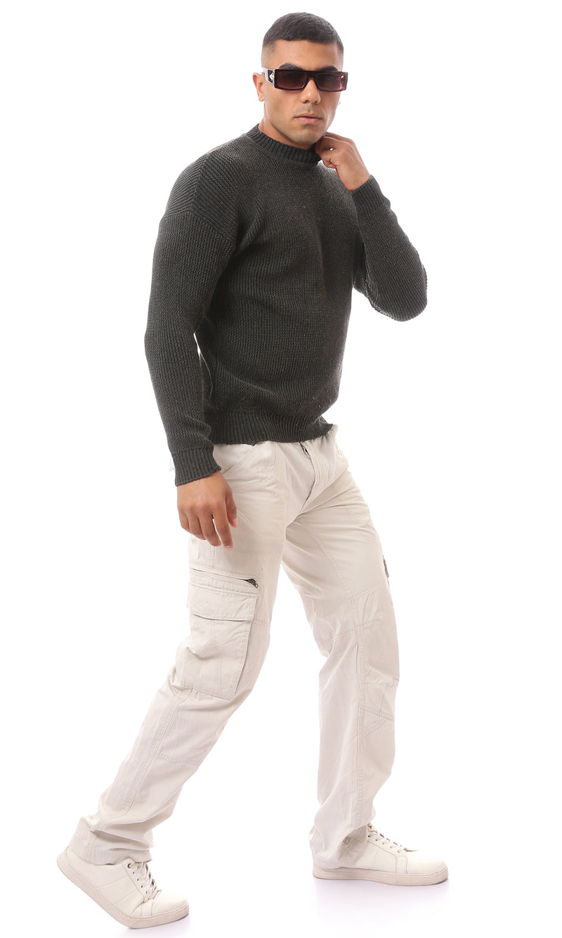 O171139 Olive Green Mock Neck Acrylic Pullover