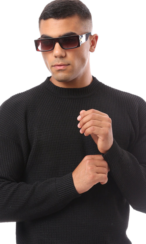 O171142 Knitted Black Acrylic Mock Neck Pullover