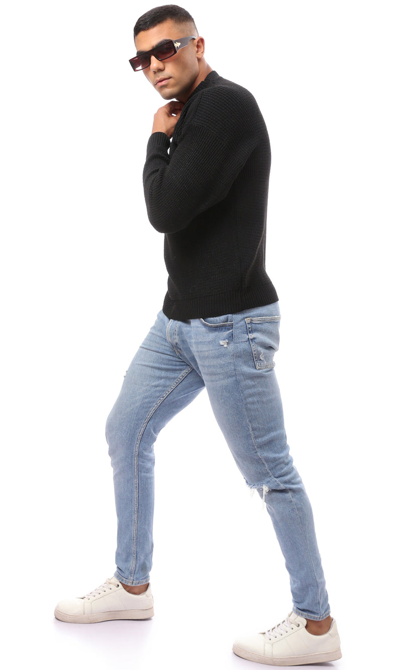 O171142 Knitted Black Acrylic Mock Neck Pullover