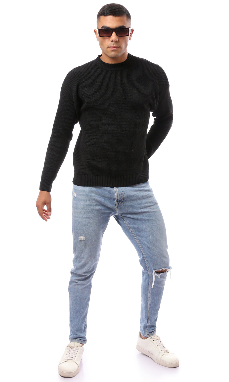 O171142 Knitted Black Acrylic Mock Neck Pullover