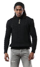 O171143 Buttoned Neck Black Pullover With Ribbed Hem