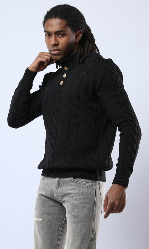 O171143 Buttoned Neck Black Pullover With Ribbed Hem