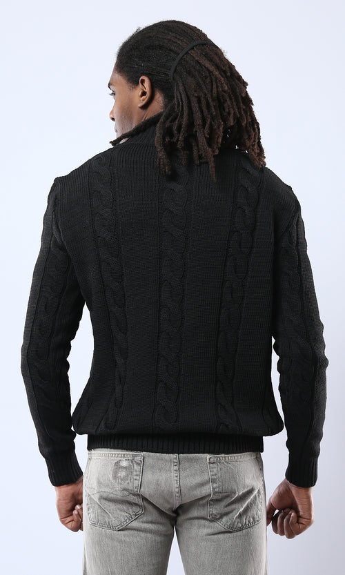 O171143 Buttoned Neck Black Pullover With Ribbed Hem