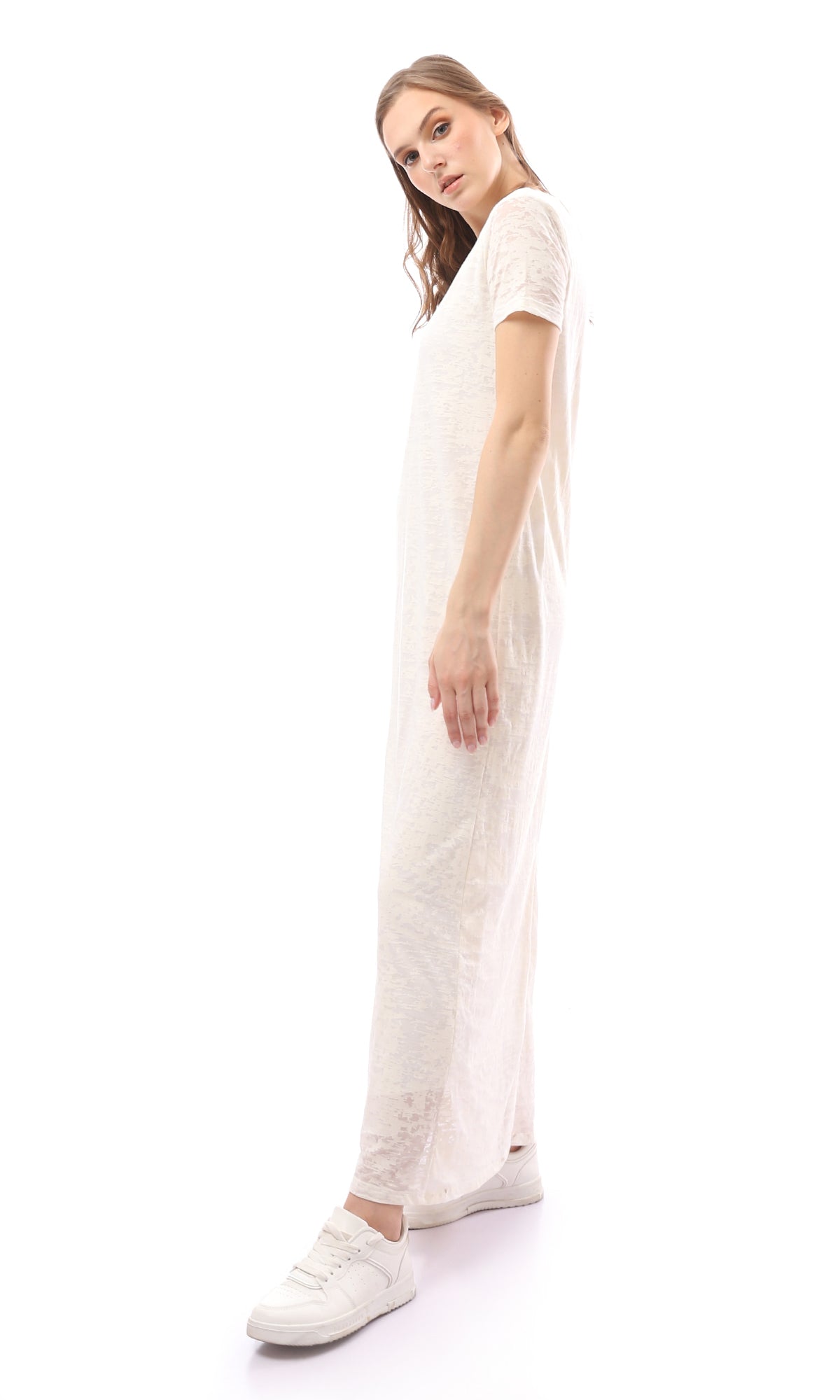 O171223 Heather Off-White Shor Sleeves Cotton Maxi Dress