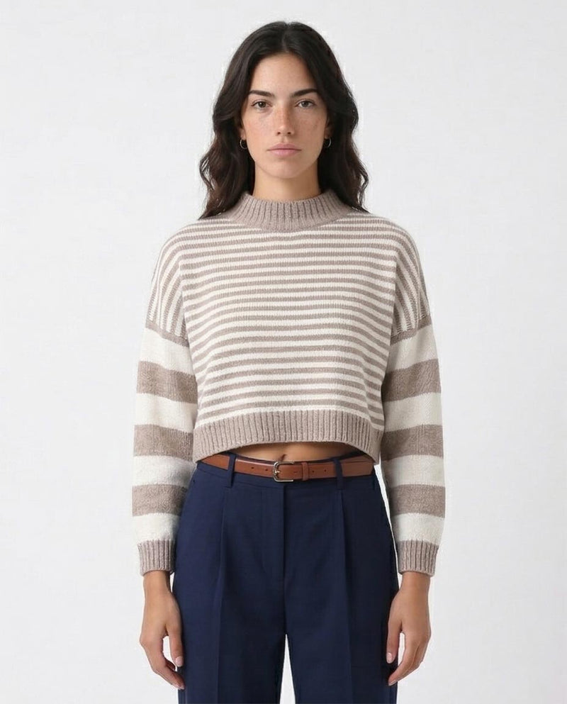 Bi-Tone Long Sleeves White & Taupe Pullover - O171365