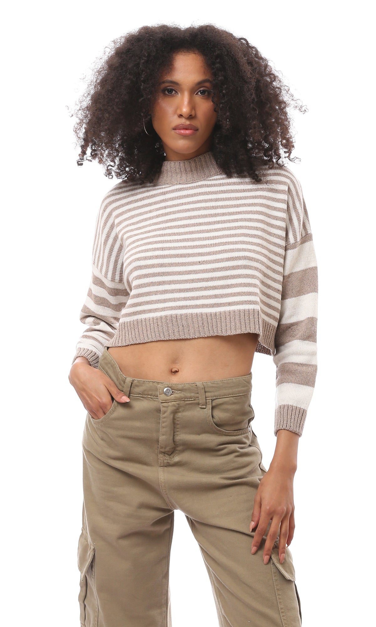 O171365 Bi-Tone Long Sleeves White & Taupe Pullover