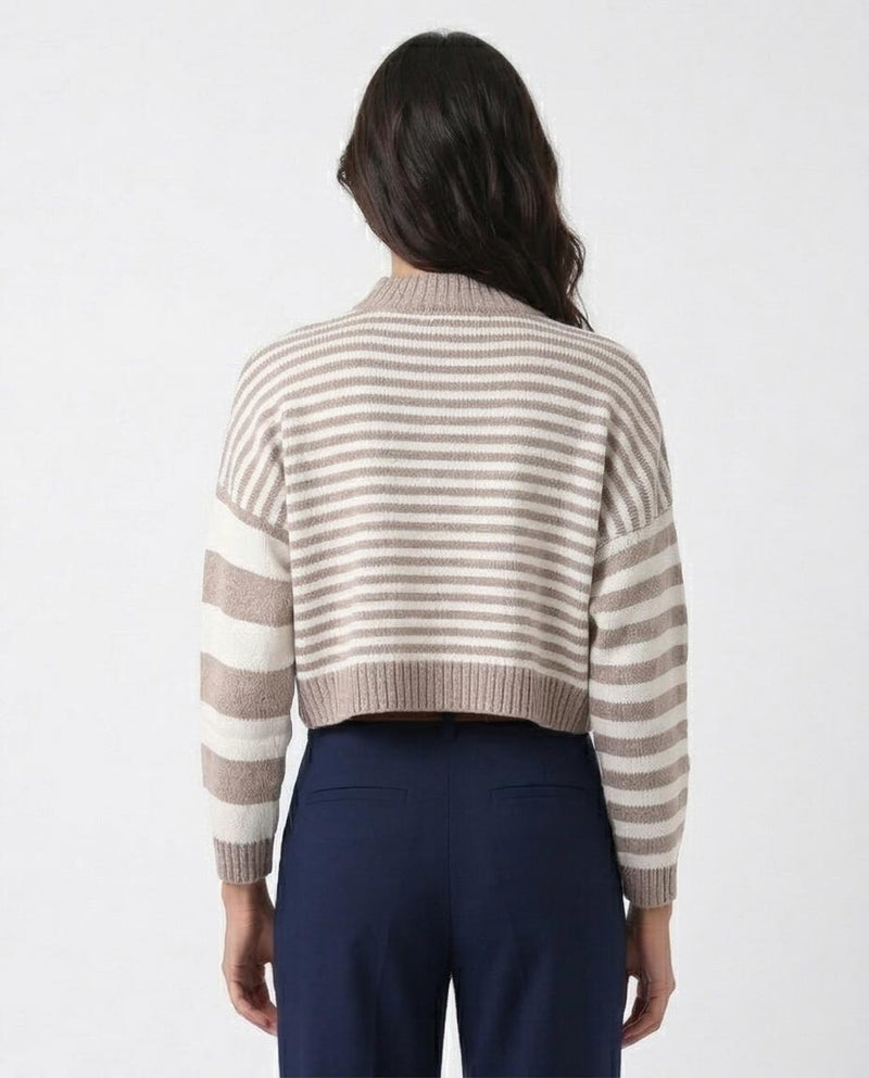 Bi-Tone Long Sleeves White & Taupe Pullover - O171365