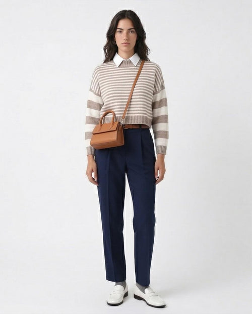 Bi-Tone Long Sleeves White & Taupe Pullover - O171365