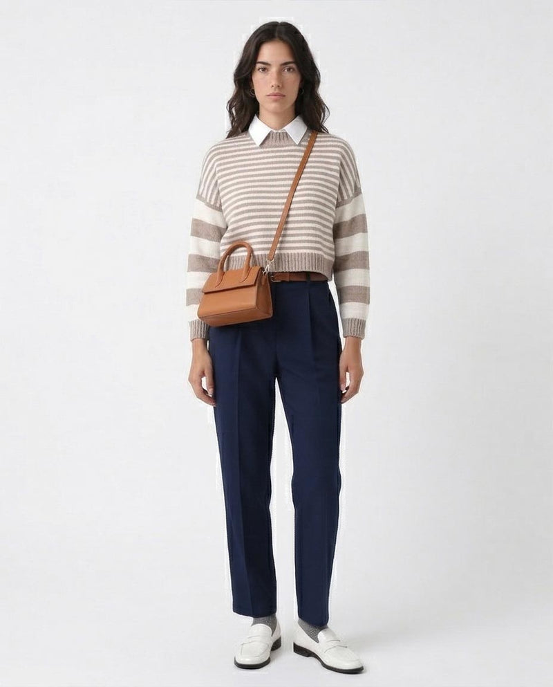 Bi-Tone Long Sleeves White & Taupe Pullover - O171365