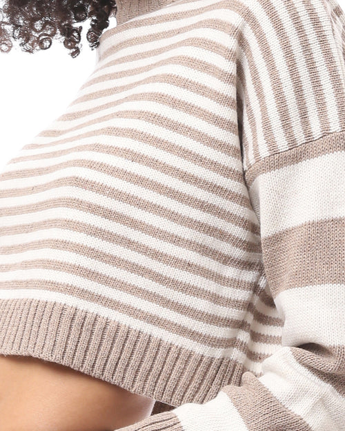 Bi-Tone Long Sleeves White & Taupe Pullover - O171365