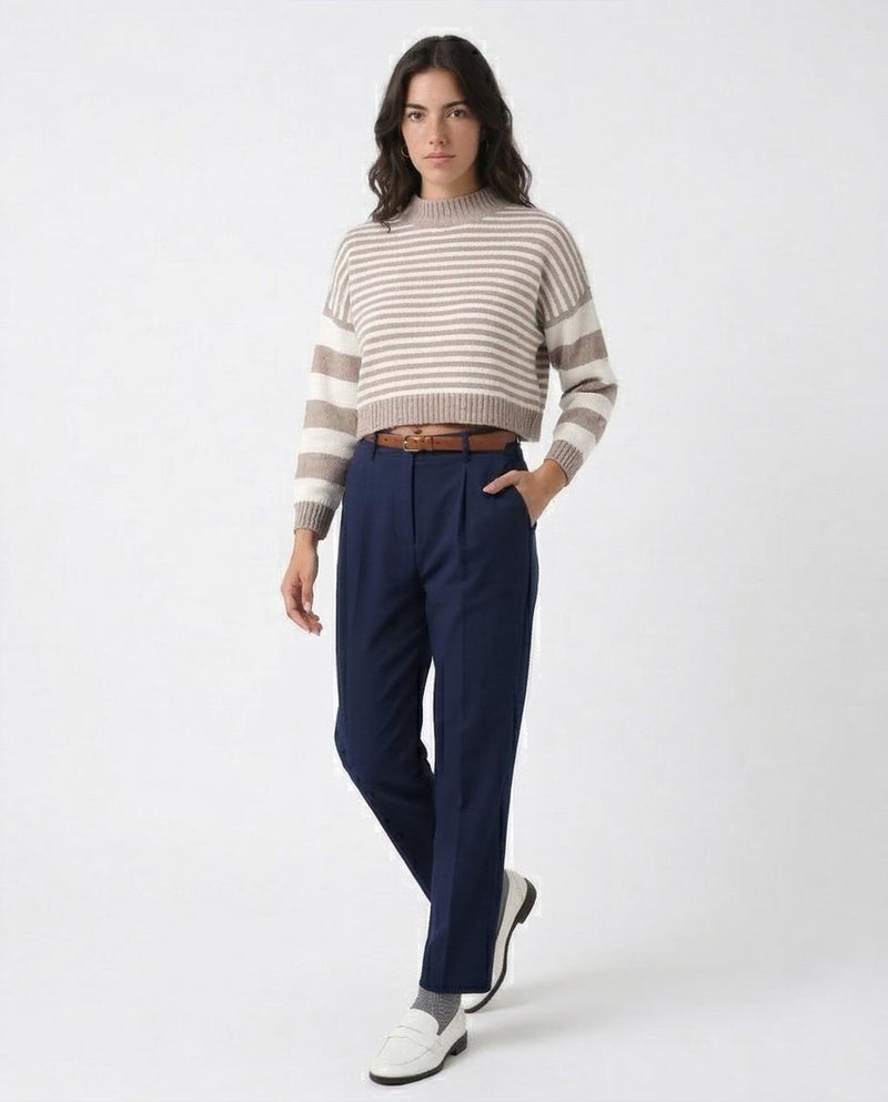 Bi-Tone Long Sleeves White & Taupe Pullover - O171365