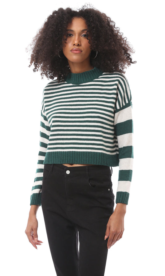 O171366 Striped Mock Neck Short Pullover - Dark Green & White
