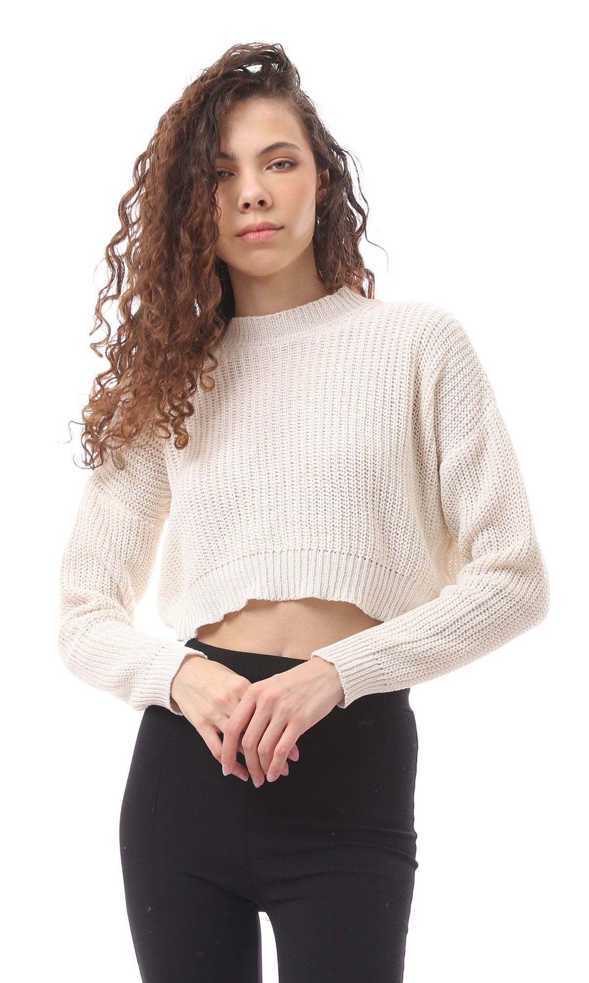 O171370 Cropped Knitted Acrylic Long Sleeved Pullover