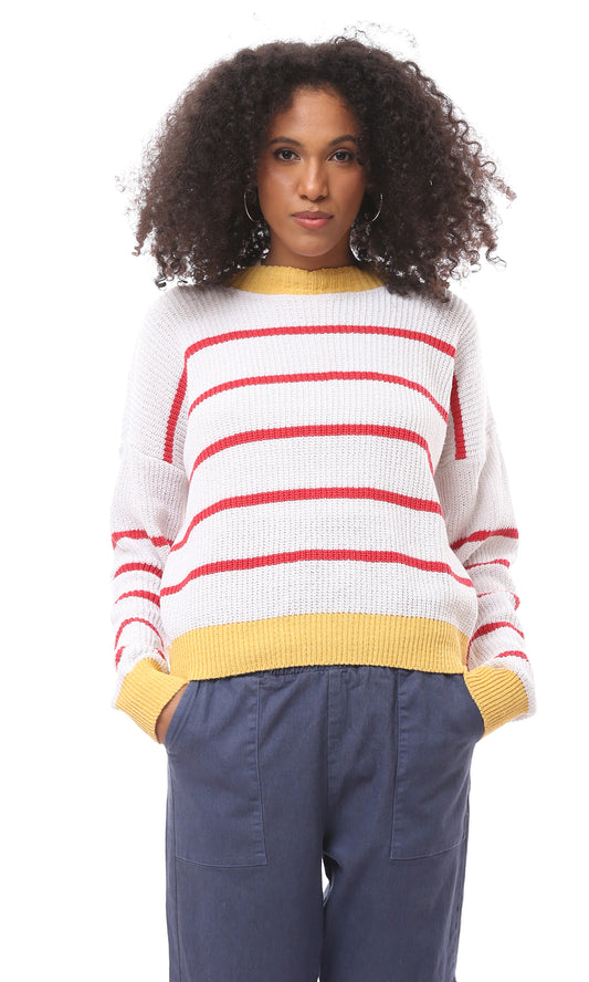 O171376 Tri-Tone Crew Neck Knitted Pullover - Yellow, White & Red