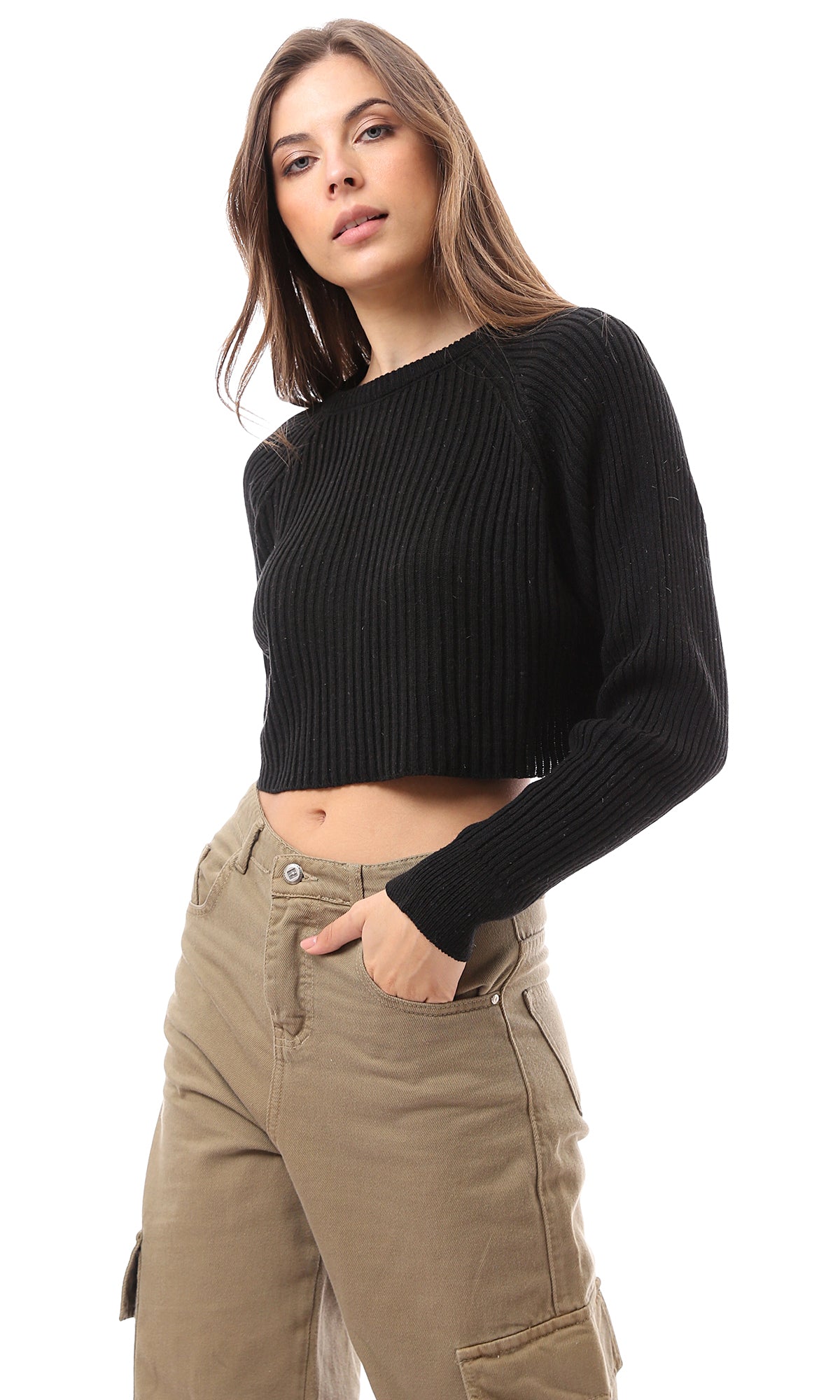 O171609 Black Slip On Long Sleeves Cropped Pullover