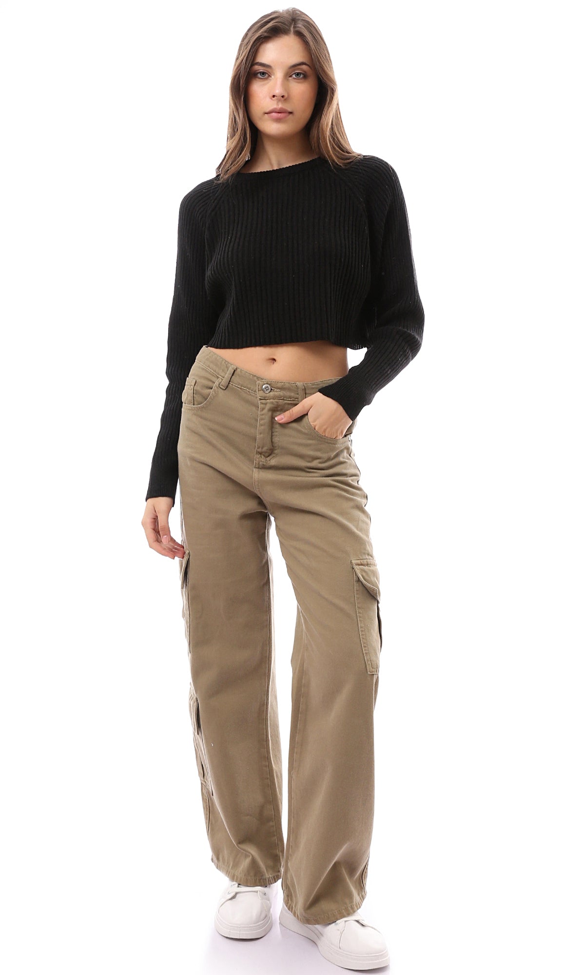 O171609 Black Slip On Long Sleeves Cropped Pullover