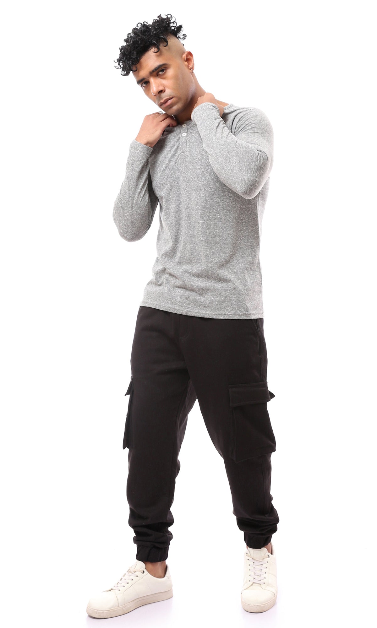 تيشيرت قطن هيذر رمادي فاتح بأكمام طويلة
