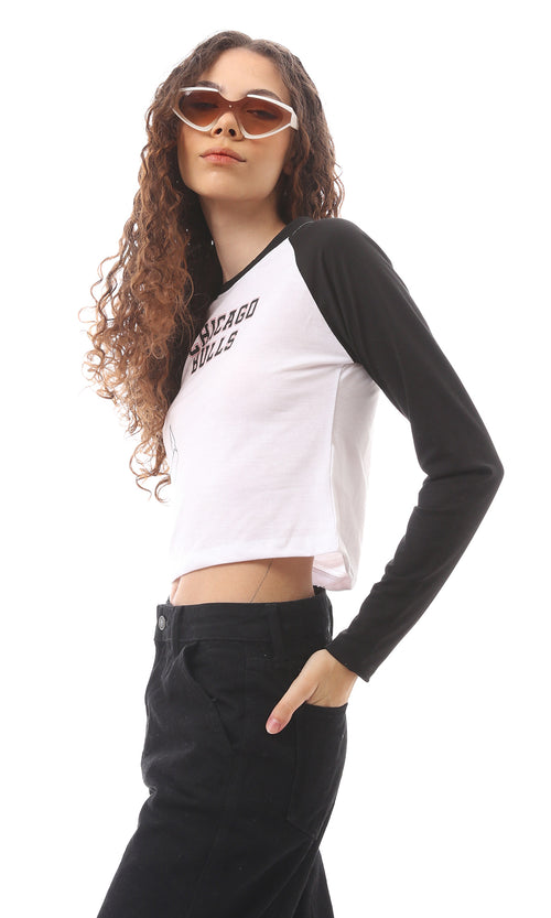 تيشيرت مطبوع أسود سهل الارتداء بأكمام طويلة