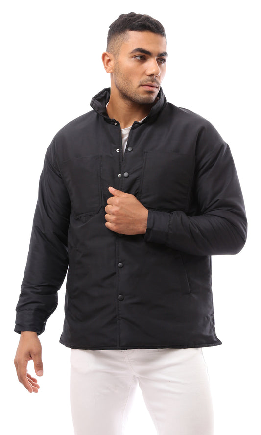 O171909 Solid Buttoned Black Puffer Jacket