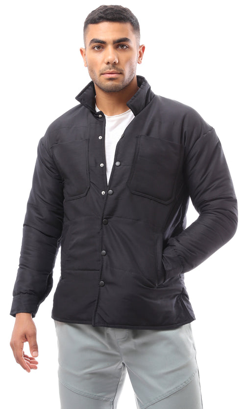 O171912 Black Stitched Buttoned Puffer Jacket