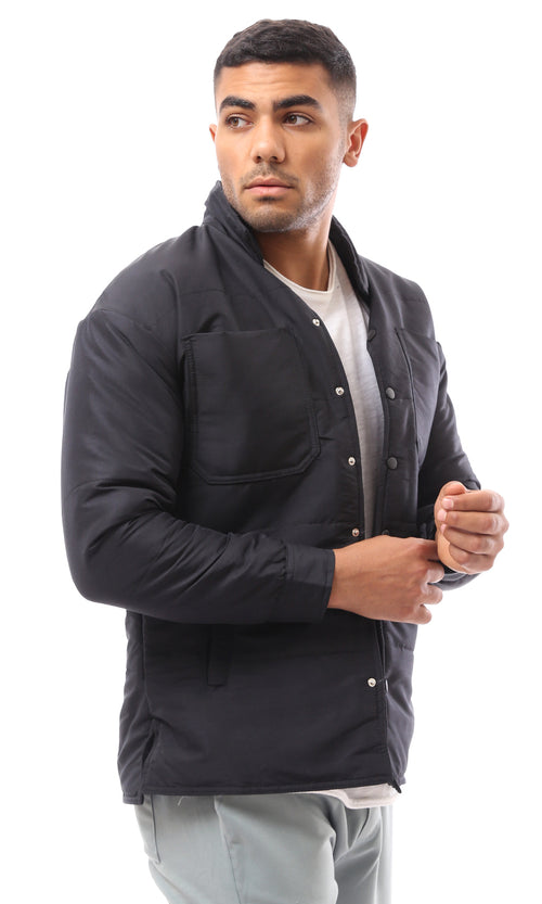 O171912 Black Stitched Buttoned Puffer Jacket