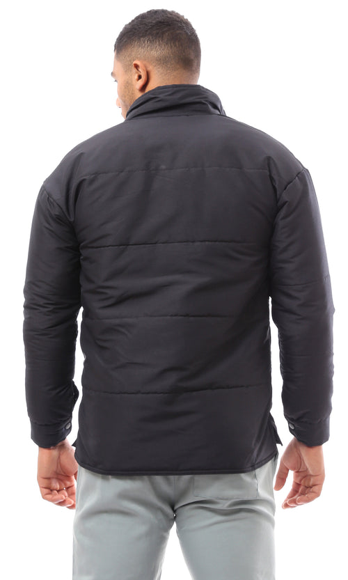 O171912 Black Stitched Buttoned Puffer Jacket