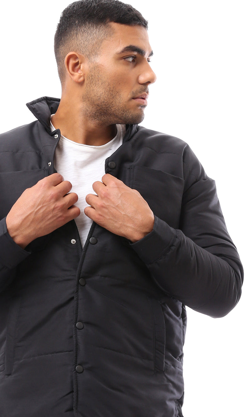O171912 Black Stitched Buttoned Puffer Jacket