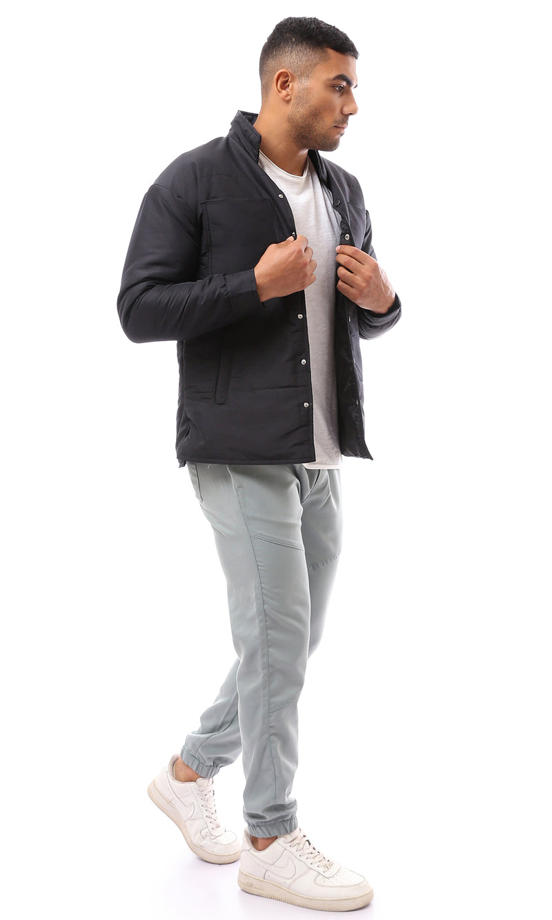 O171912 Black Stitched Buttoned Puffer Jacket