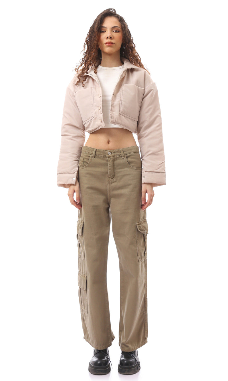 O171916 Light Beige Buttoned Mandarin Collar Jacket