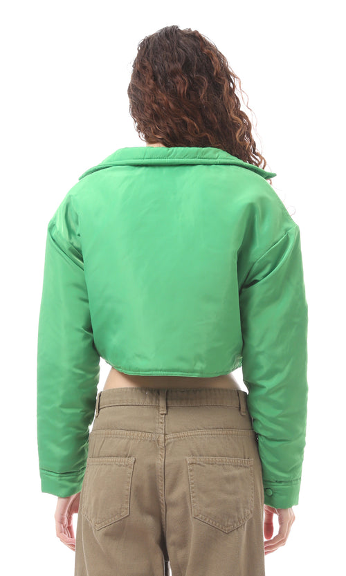 Neon Green Cropped Snap-Front Jacket with Spread Collar - O171917