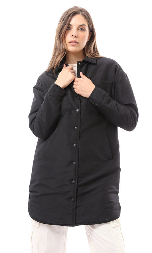 O171919 Long Sleeves Black Long Jacket With Snap Buttons